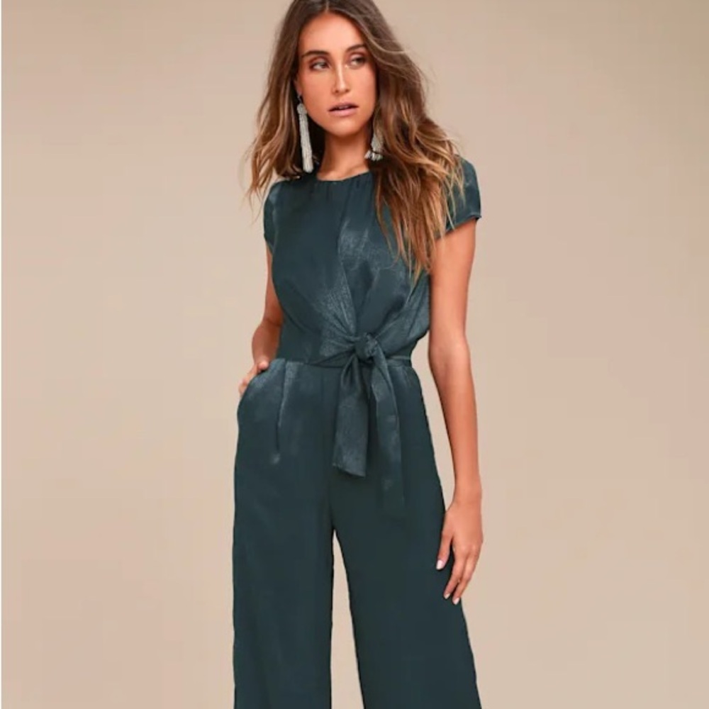 Let Me Entertain You Dark Green Satin Wide-Leg Jumpsuit